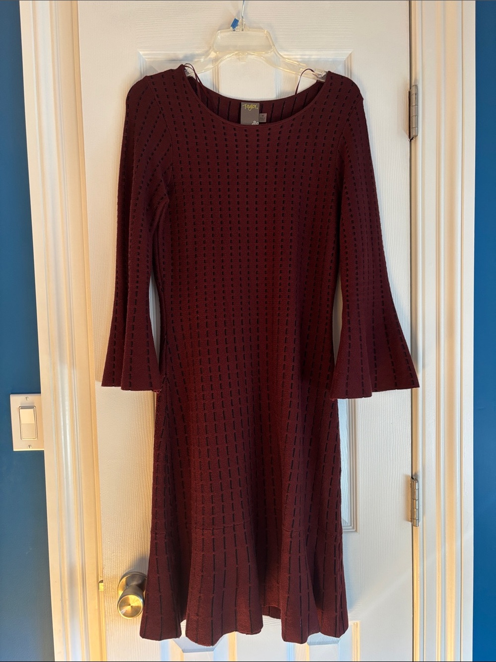 Taylor Burgundy Knit Midi Dress with Flared Sleeves